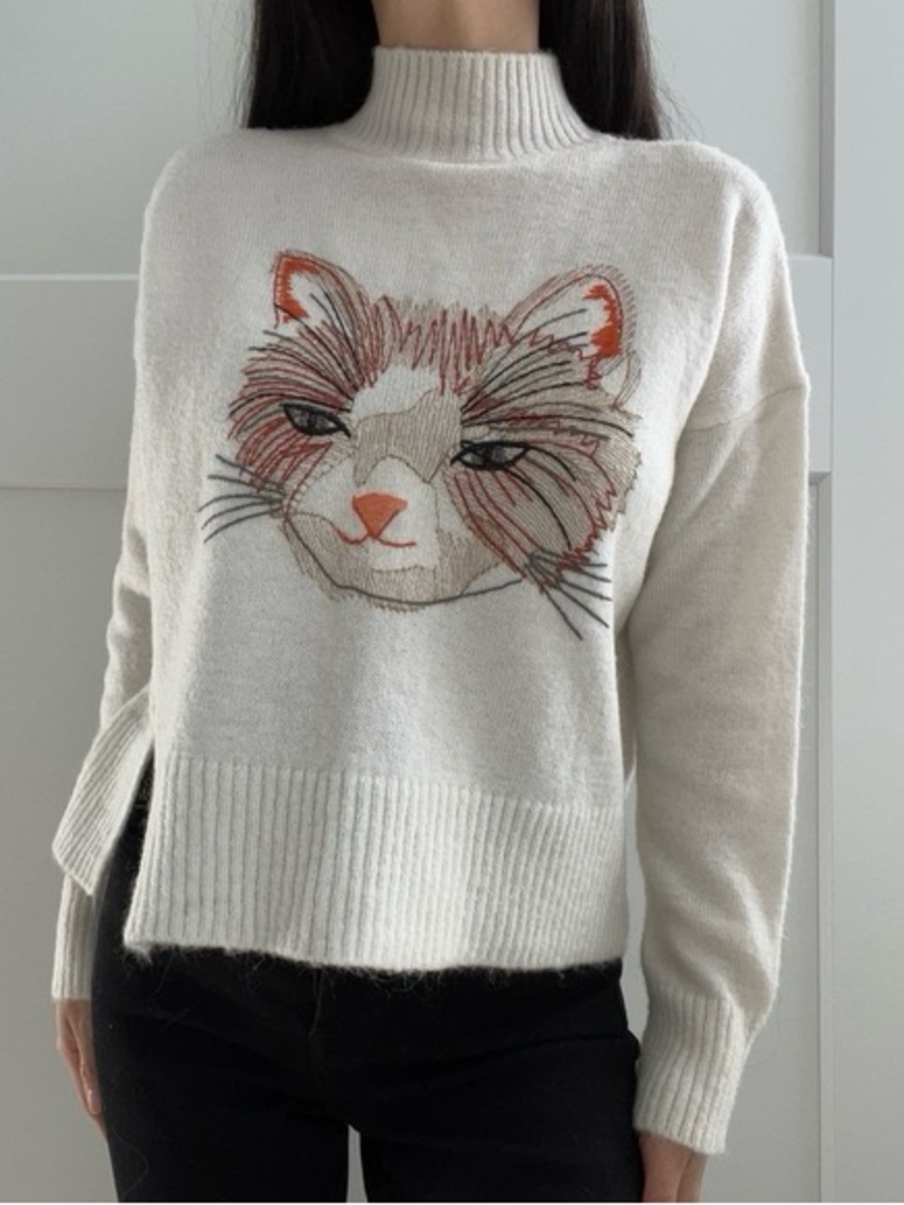 Anthropologie Cream Mock Neck Sweater with Embroidered Cat Motif
